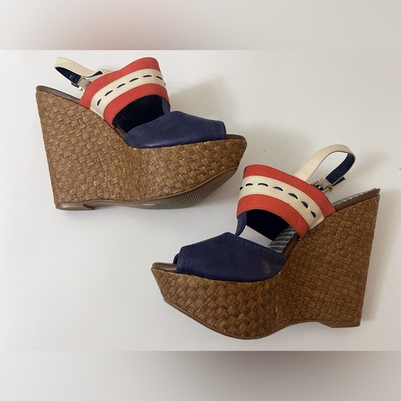 Y2K Jessica Simpson Leather Blue and Red Wedge Sandals Nautical Design Summer - Picture 8 of 14